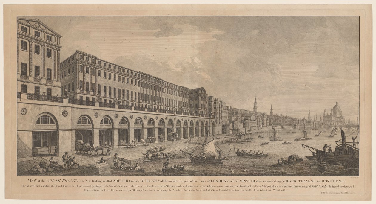 Adelphi vanaf de Thames te Londen Vista del Frente Sur de los Nuevos Edificios llamados Adelphi, antes Durham Yard (...) (título sobre el objeto) de Benedetto Pastorini