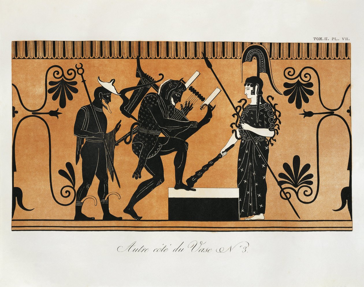 Escena de un antiguo vaso griego con Heracles tocando la lira ante Atenea y Hermes de pie detrás de él, por Piringer (según el original griego), grabado de Benedict or Benedikt Piringer