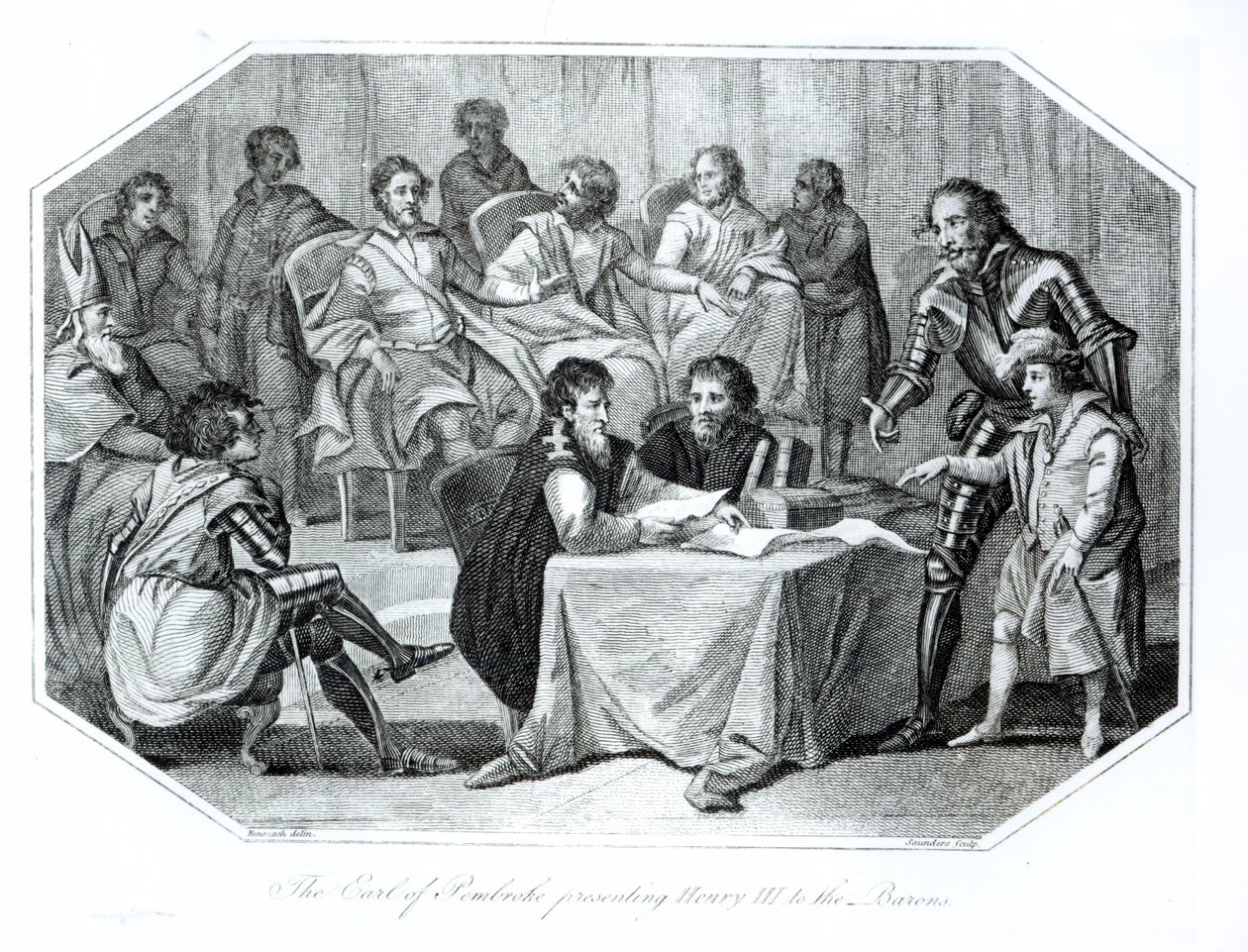 El Conde de Pembroke Presentando a Enrique III (1207-72) a los Barones, 1216 grabado por Saunders de Benezach