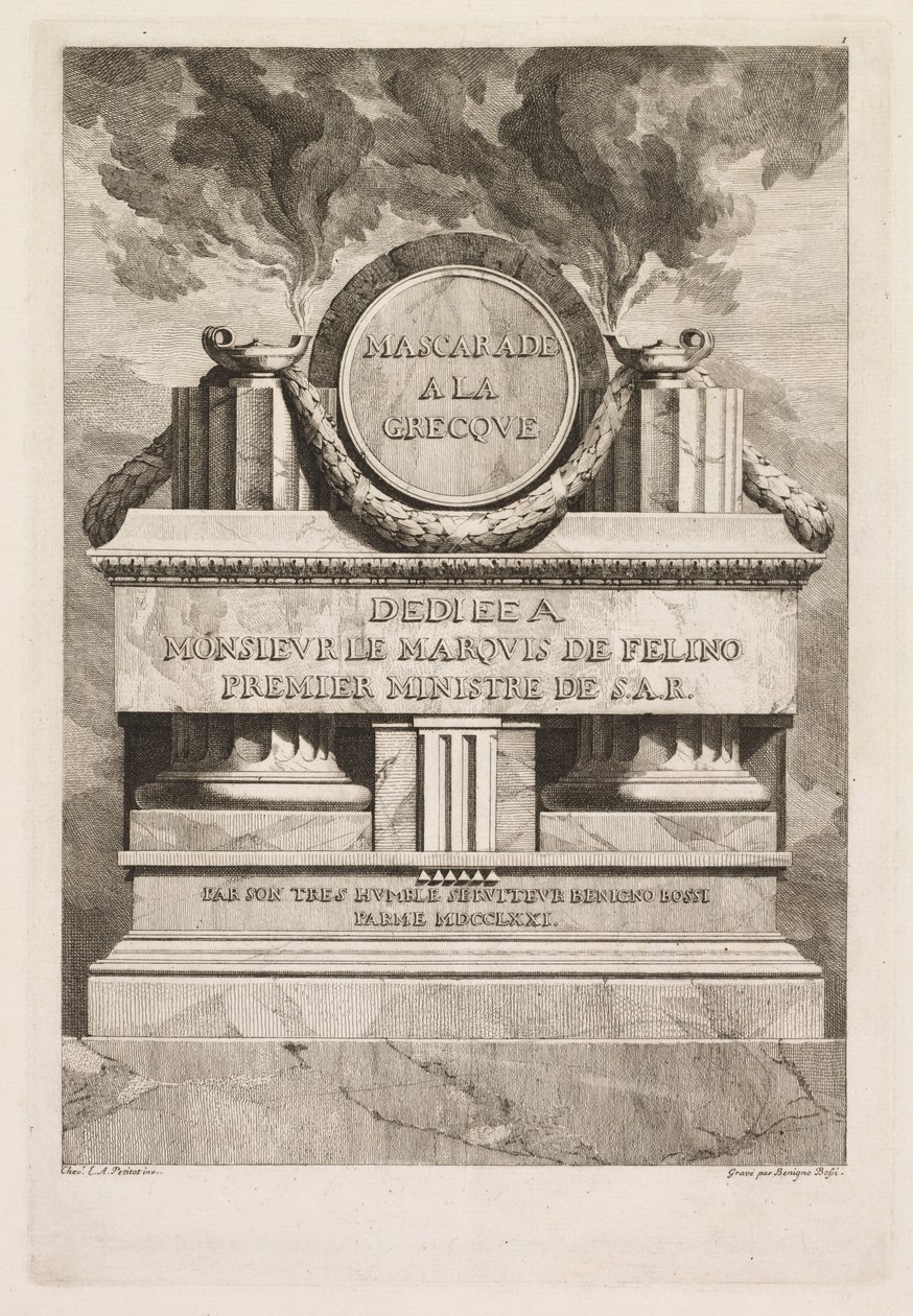 Mascarada a la griega: Página de dedicación, 1771 de Benigno Bossi