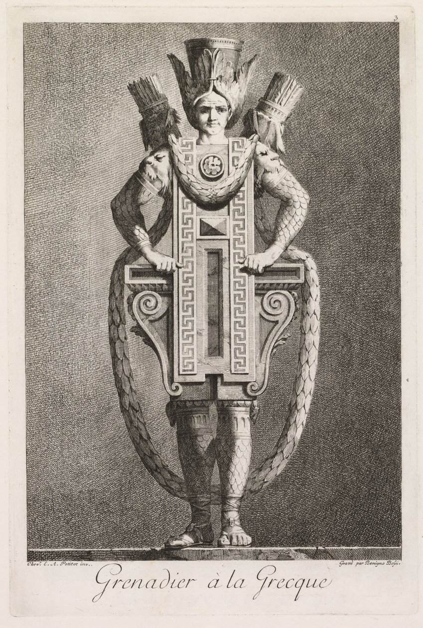 Mascarada a la griega: Granadero a la griega, Placa 3, 1771 de Benigno Bossi