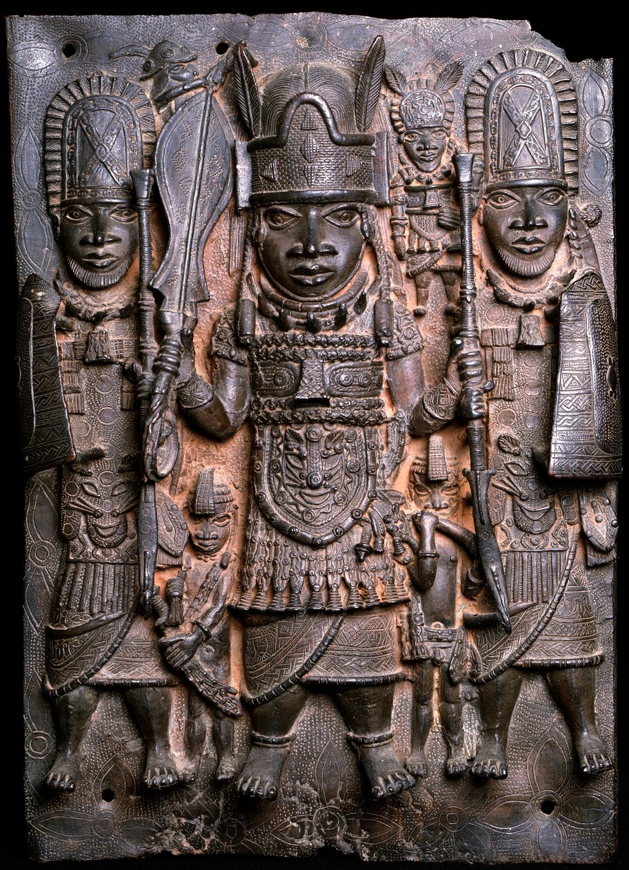 Guerrero y asistentes (bronce) de Benin