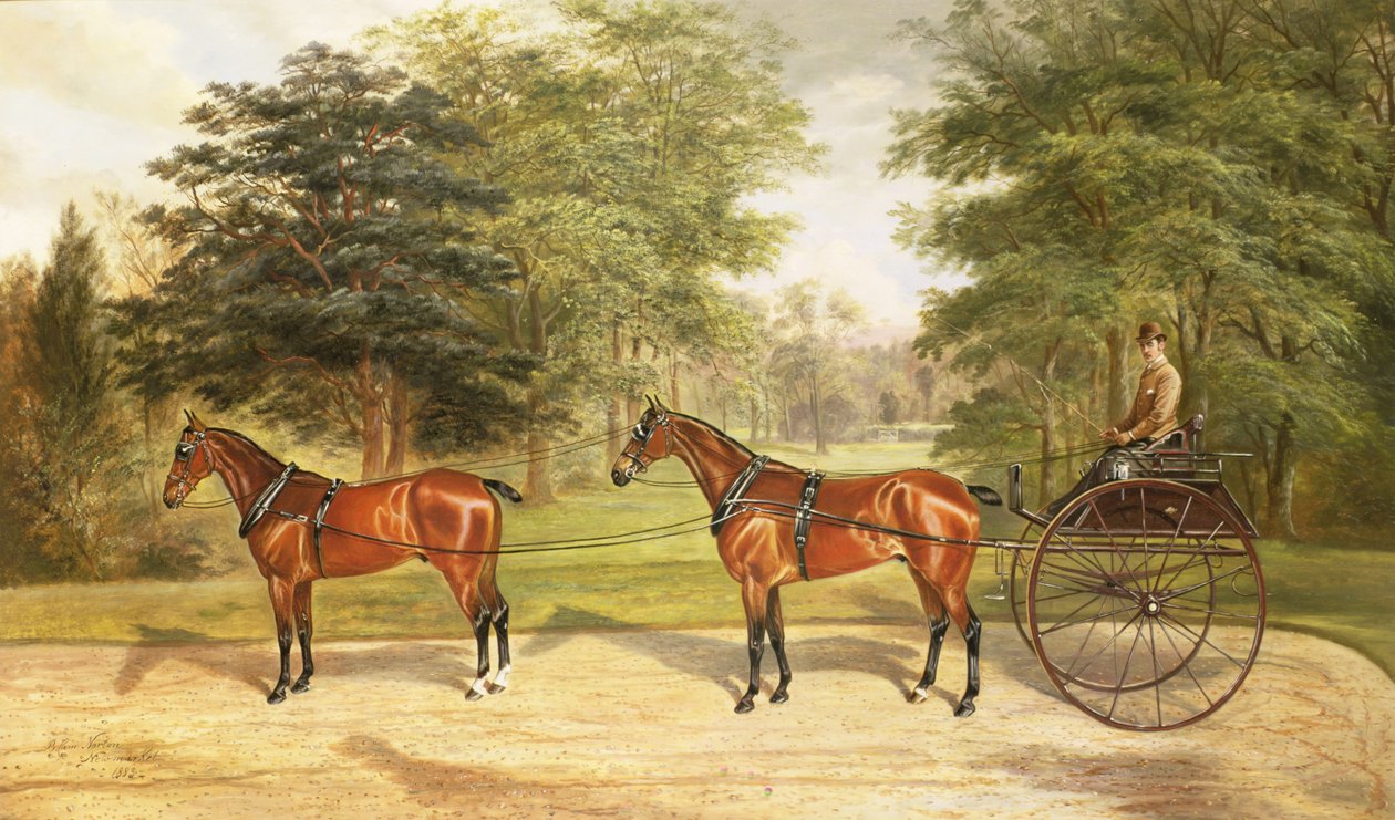 Dos caballos, enganchados en tándem, tirando de un carruaje, 1883 de Benjamin Cam Norton