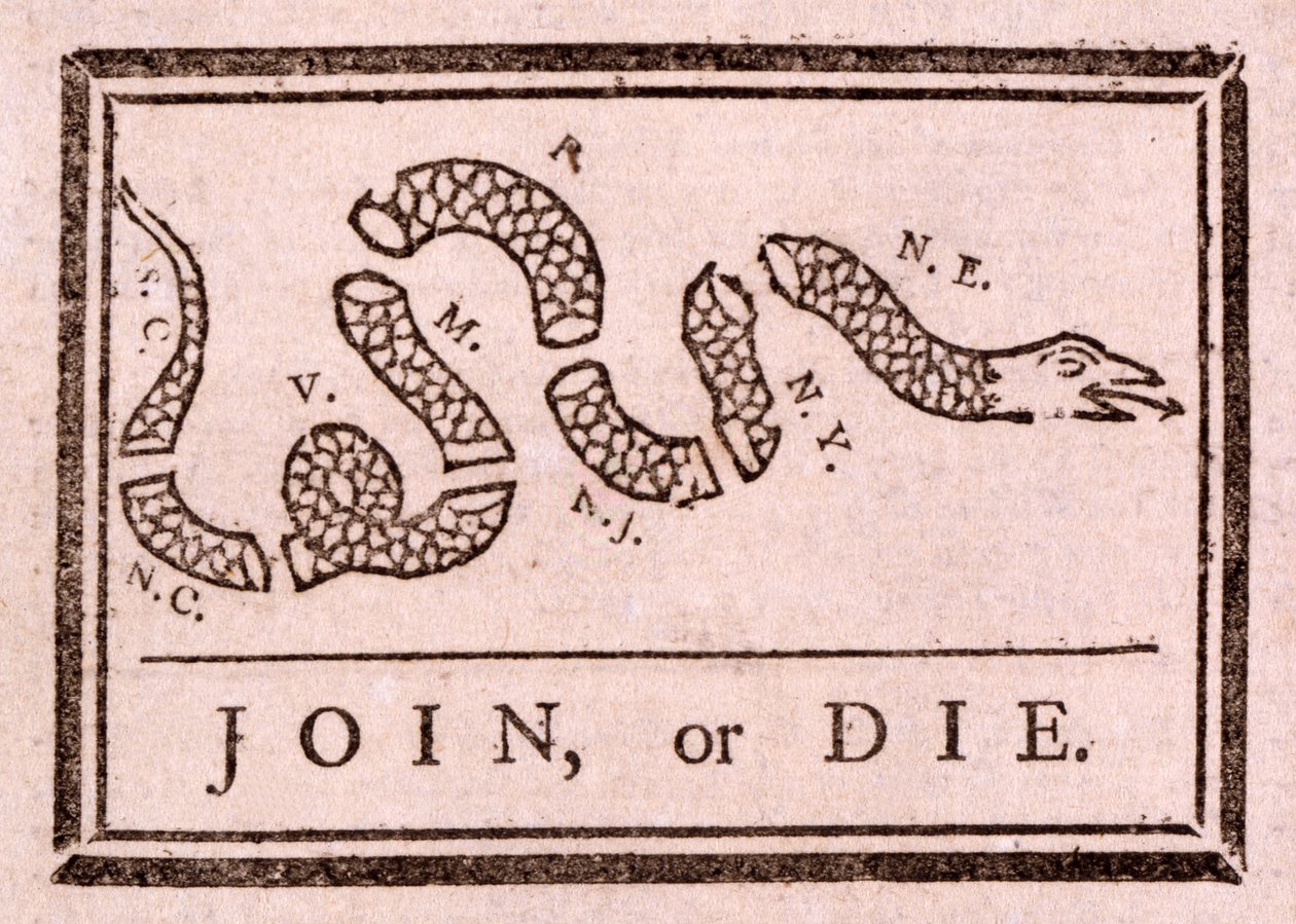 Únete, o muere, pub. 1754 de Benjamin Franklin