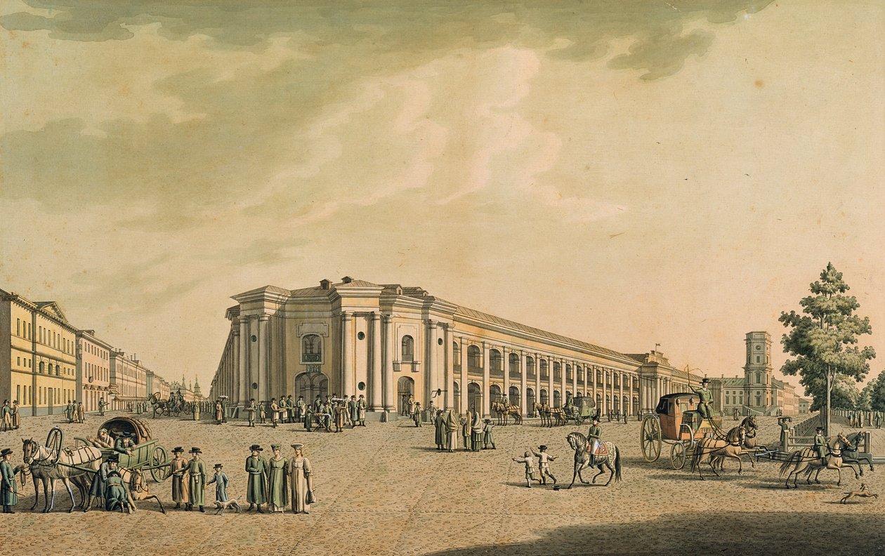 Vista de las tiendas rusas en la avenida Nevsky Prospekt, con la casa de la Duma, San Petersburgo, 1802 de Benjamin Patersson