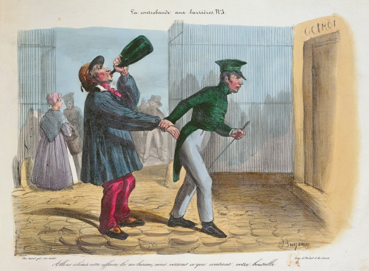 Descubrimiento de contrabando en la barrera de aduanas a la entrada de París, c.1840 de Benjamin Roubaud