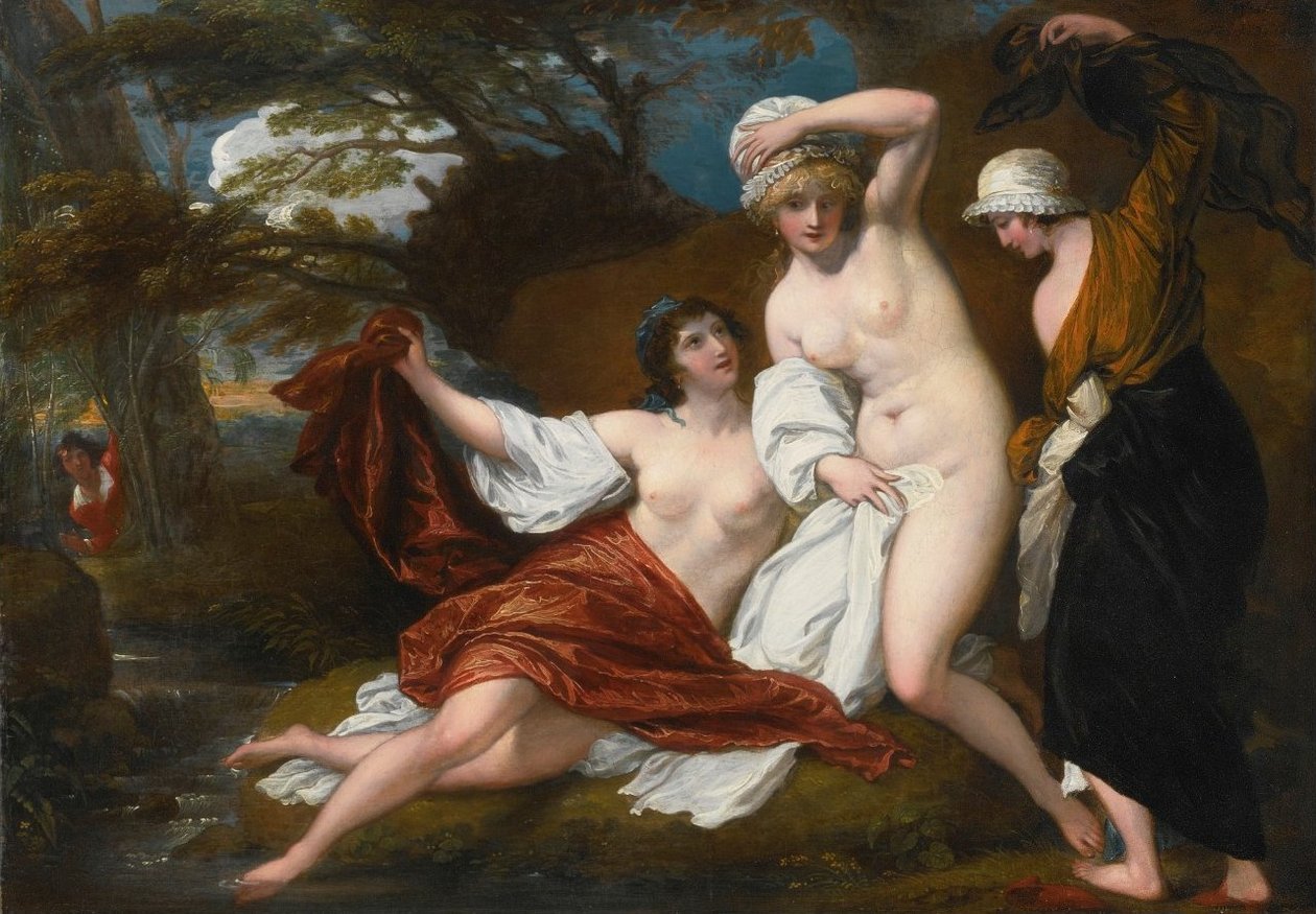 Musidora y sus dos compañeras, Sacharissa y Amoret, en su baño espiadas por Damon de Benjamin West