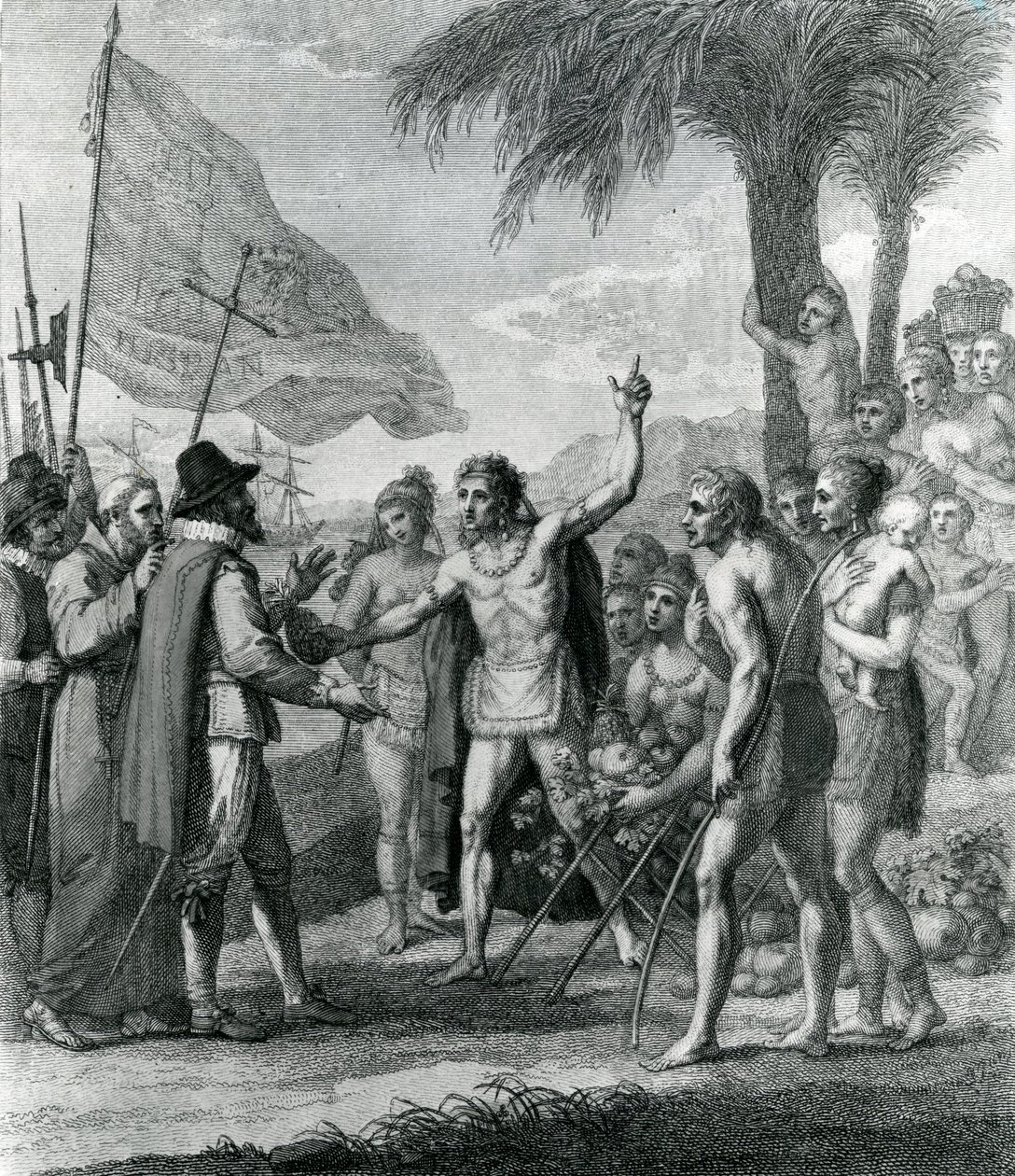 Un cacique indio de la isla de Cuba dirigiéndose a Colón (1451-1500) sobre un estado futuro, frontispicio de 