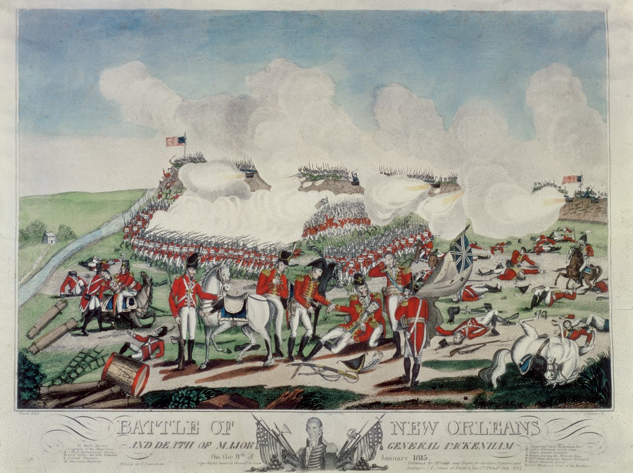 Batalla de Nueva Orleans y muerte del Mayor General Packenham el 8 de enero de 1815, grabado por J. Yeager, publicado por McCarly y Davis, 1817 de Benjamin West