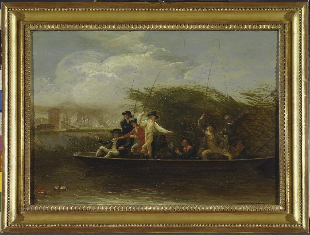 La Fiesta de Pesca - un Grupo de Caballeros pescando desde una Barcaza de Benjamin West