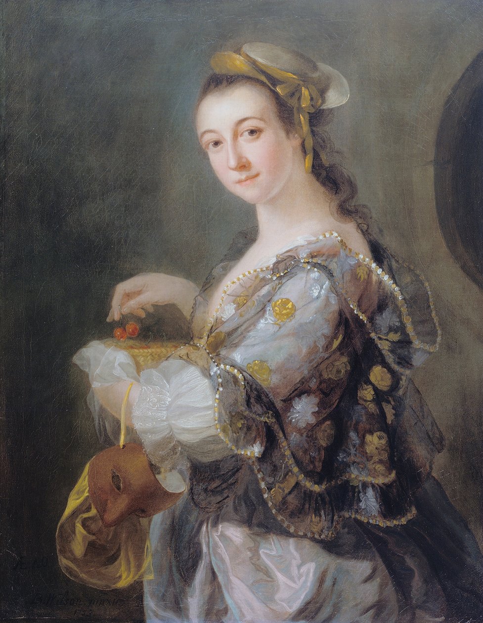 Retrato de una dama con máscara y cerezas de Benjamin Wilson