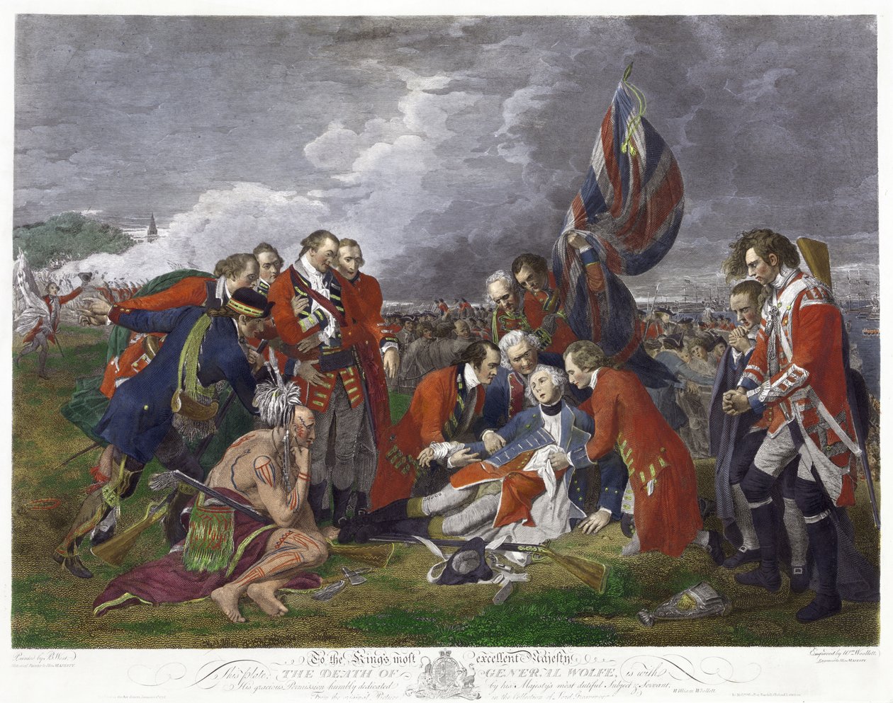 Muerte del general Wolfe" según pintura de Benjamin West. James Wolfe (1727-1759) Comandante del ejército británico, herido de muerte en la victoria sobre los franceses en la batalla de las Llanuras de Abraham, Quebec. Guerra de los Siete Años Canadá Franc de Benjamin (after) West