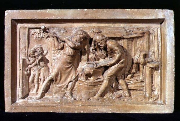 Hombres trabajando en un yunque, placa de Benjamin Creswick