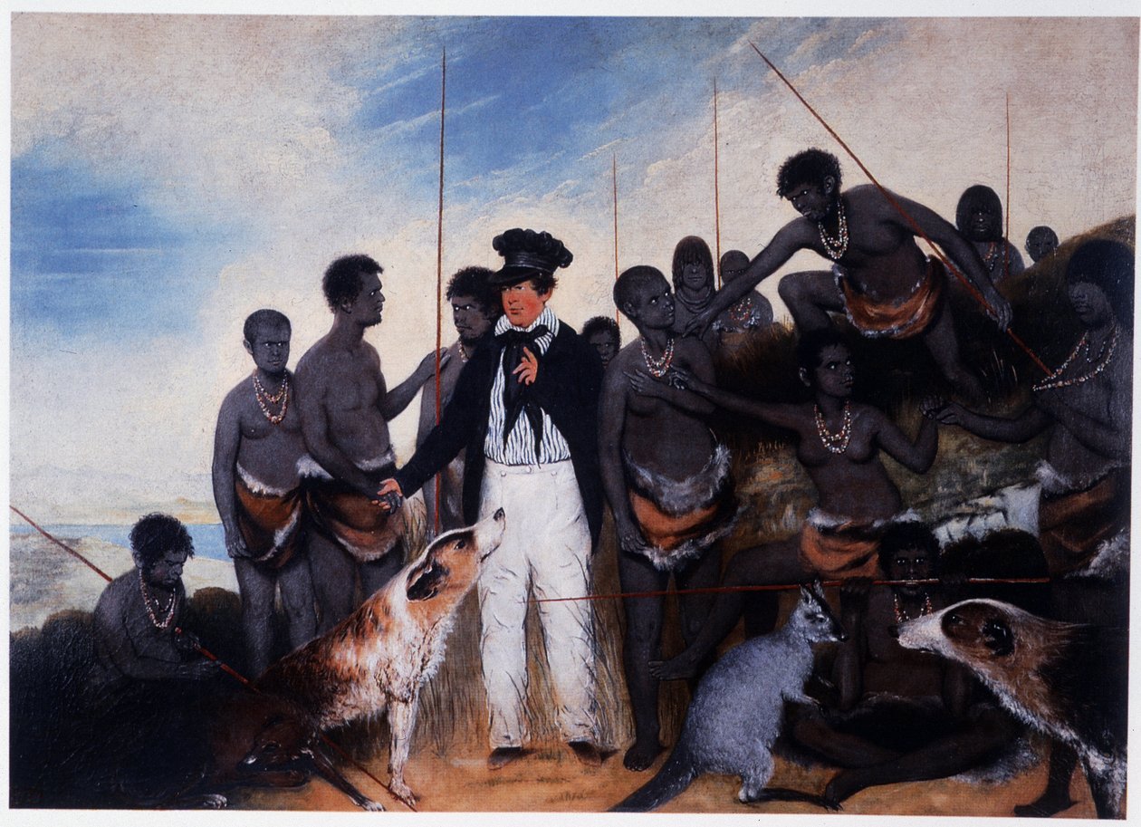La conciliación: encuentro de un colono con un grupo de aborígenes en Australia - óleo sobre lienzo, por Benjamin Duterrau de Benjamin Duterrau