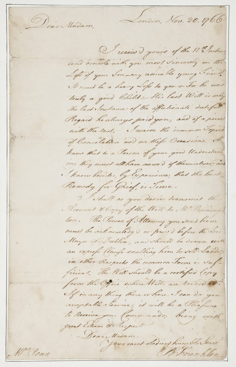 Carta autógrafa a la Sra. Ann Penn, Londres, 20 de noviembre de 1766 de Benjamin Franklin