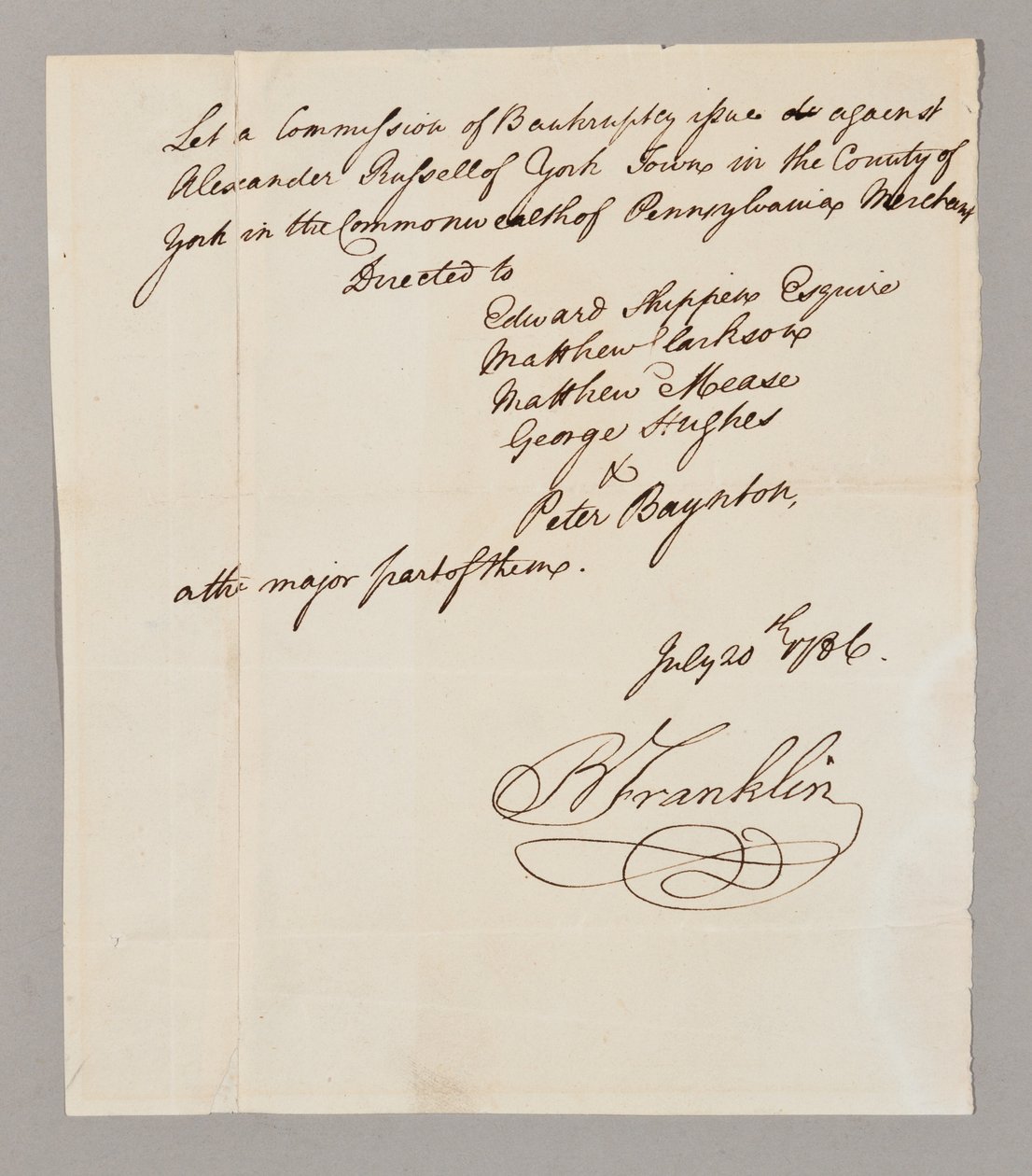 Comisión de quiebra, 20 de julio de 1786 de Benjamin Franklin