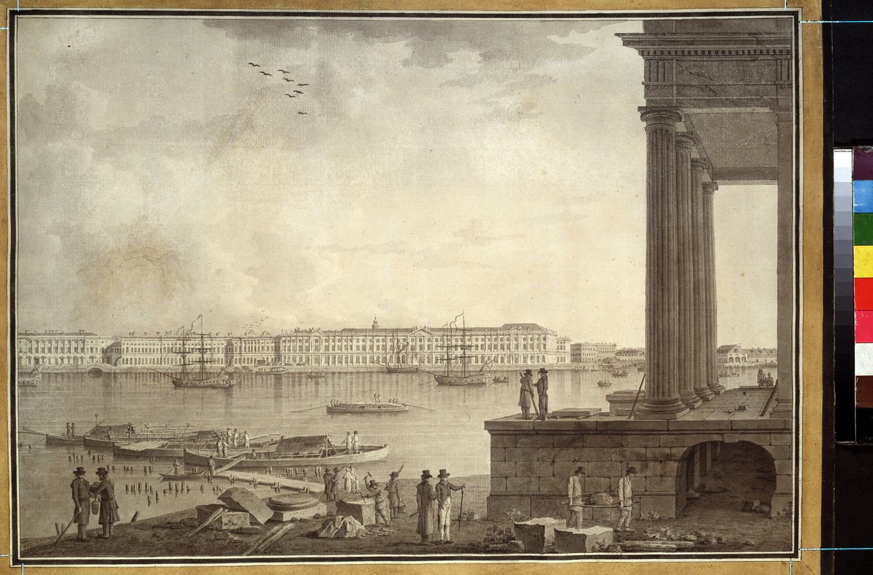 Vista del Palacio de Invierno y la Bolsa de Valores de San Petersburgo. Obra de Benjamin Paterssen (1748-1815), lápiz y tinta sobre papel, hacia 1790. Arte sueco de Benjamin Patersson