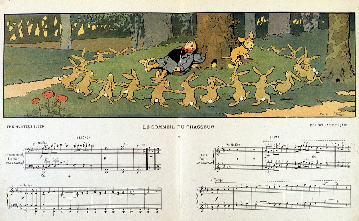 Le sommeil du chasseur (conejos rodeando a un cazador dormido) - en "Les images en musique" de Jane Vieu, ilustrado por Benjamin Rabier (1864-1939) de Benjamin Rabier