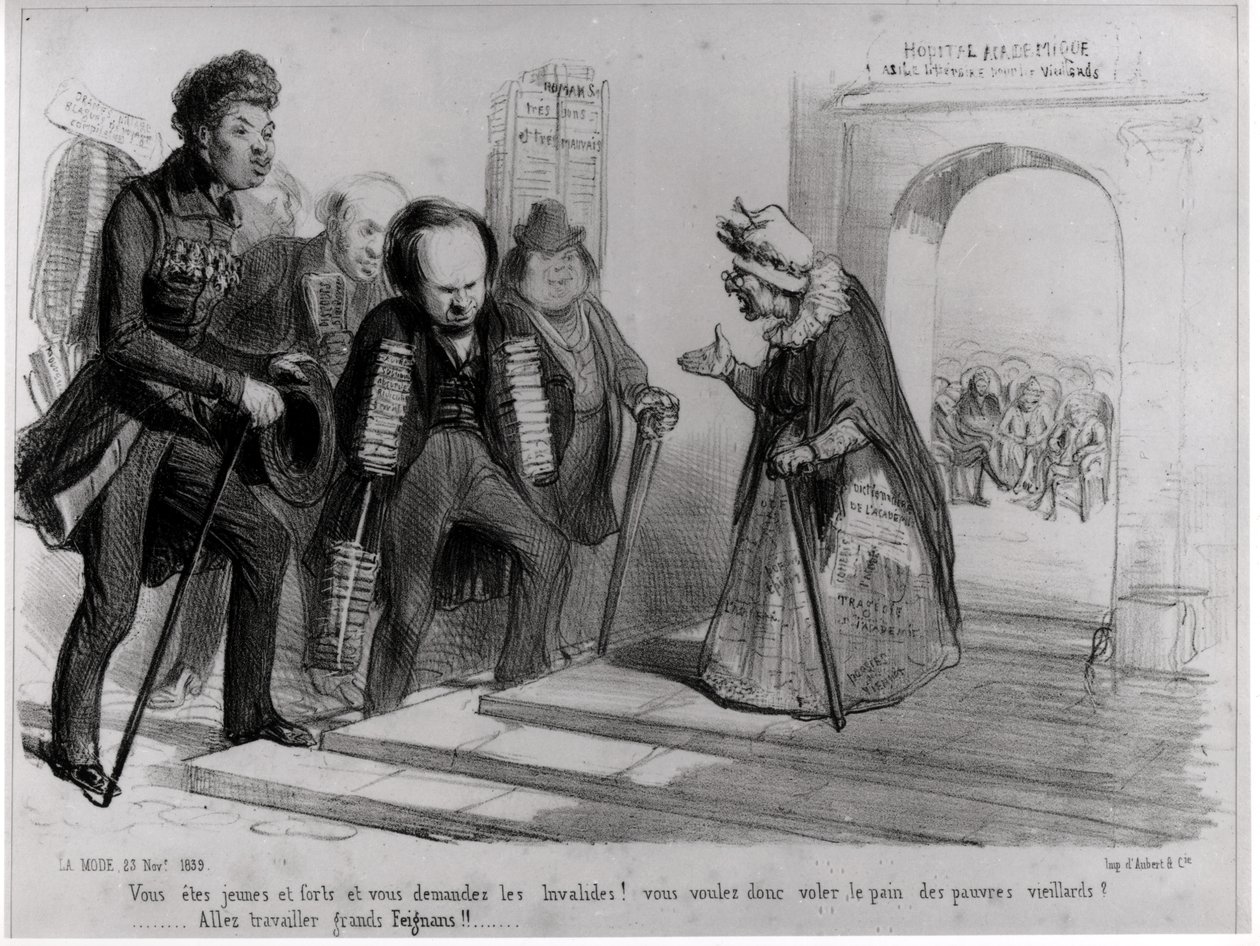 Dumas, Hugo y Balzac buscando su admisión en la Academia Francesa, ilustración de 