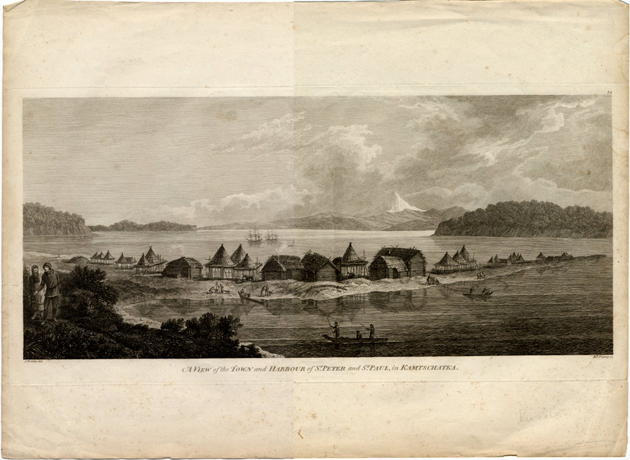 Vista de la ciudad y el puerto de Petropavlovsk-Kamchatsky del viaje al Océano Pacífico, 1785 de Benjamin Thomas Pouncey