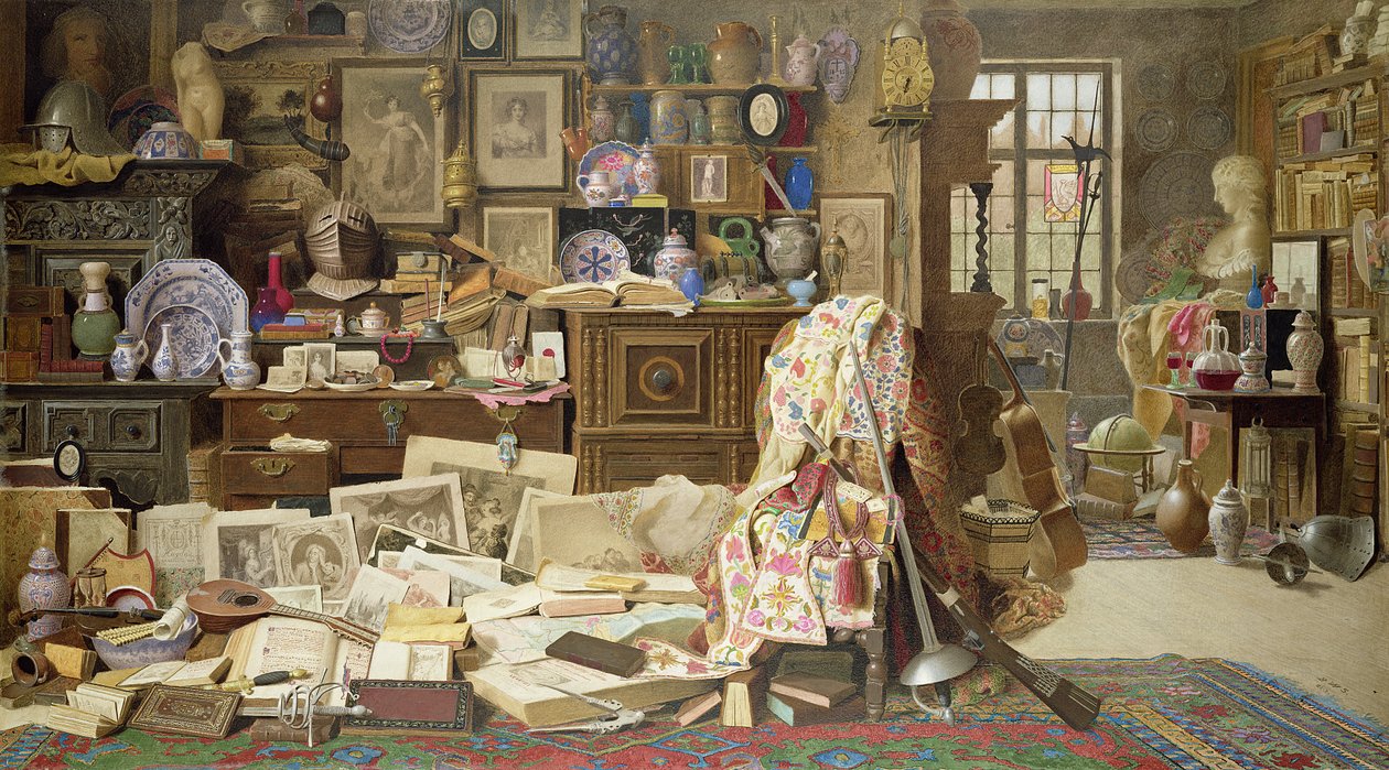 Armadura, impresiones, imágenes, pipas, porcelana (todas agrietadas) mesas viejas y sillas con respaldo roto, 1882 de Benjamin Walter Spiers