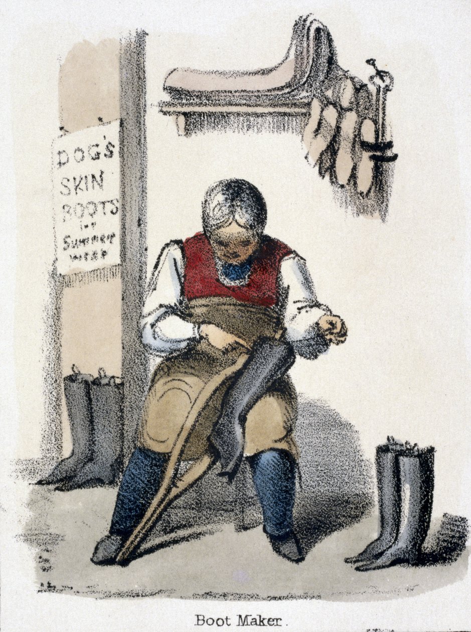 El zapatero, de El perro en Ilustraciones gráficas de animales - Mostrando su utilidad para el hombre en su empleo durante la vida y usos después de la muerte, c.1845 de Benjamin Waterhouse Hawkins
