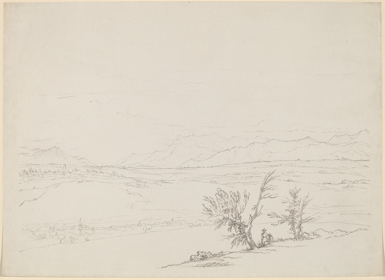 Un Paisaje Alpino con una Pareja Sentada junto a Árboles con Vista a un Valle de Benjamin West