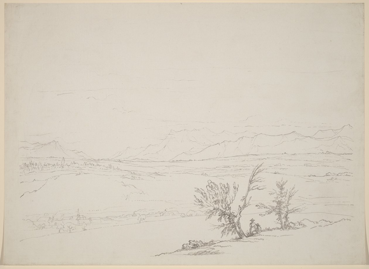 Un paisaje alpino con una pareja sentada junto a los árboles con vistas a un valle de Benjamin West