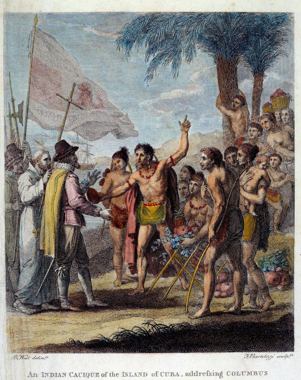 Un cacique indio de la isla de Cuba recibe a Cristóbal Colón y representantes europeos de Benjamin West