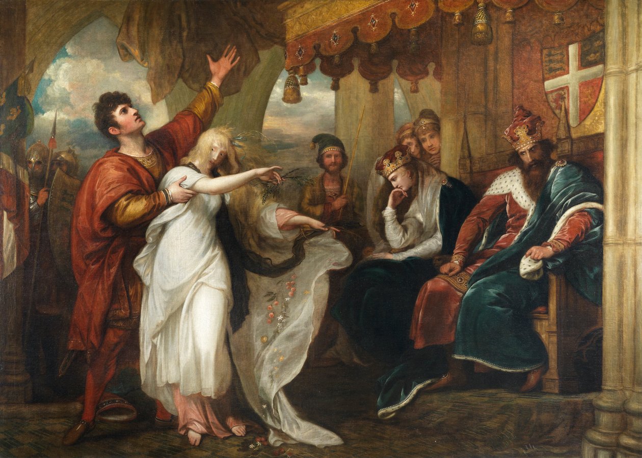 Hamlet: acto IV, escena V (Ofelia ante el rey y la reina) de Benjamin West