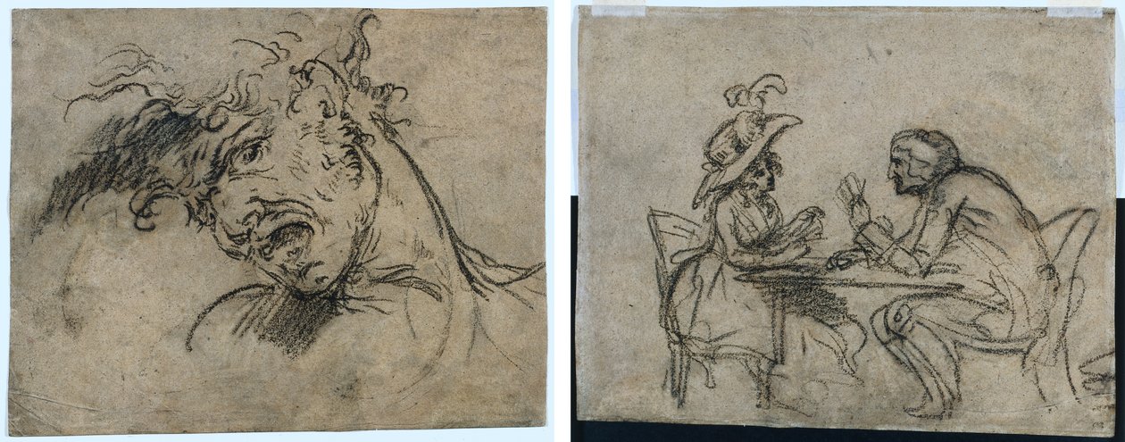 Head of a Screaming Man (recto) Woman and Man Playing Cards (verso)  de Benjamin West