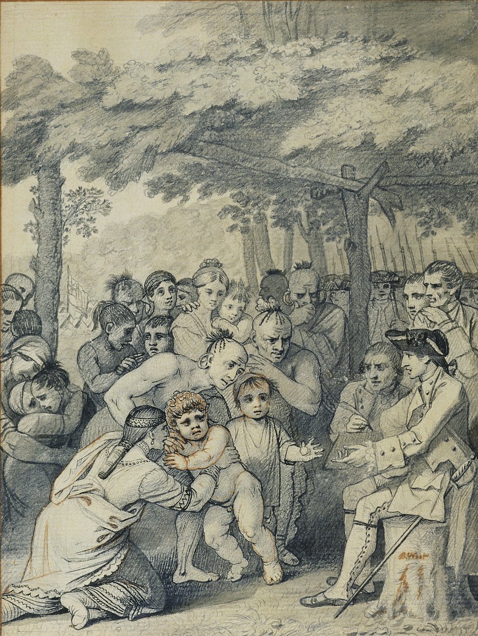 Los indios entregando a los cautivos ingleses al Coronel Bouquet cerca de su campamento en los bifurcaciones de Muskingum, América del Norte en noviembre de 1764 de Benjamin West