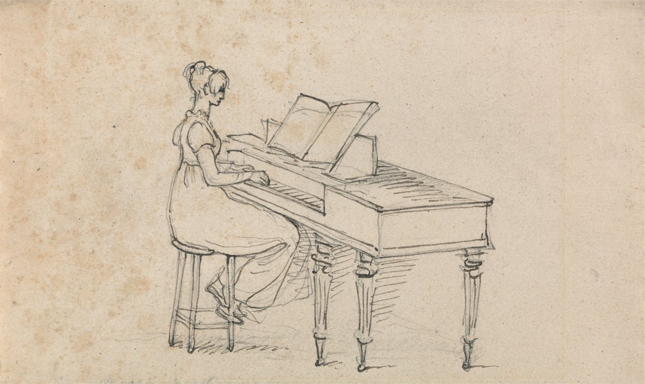 Una mujer junto a un piano de cola de Benjamin West