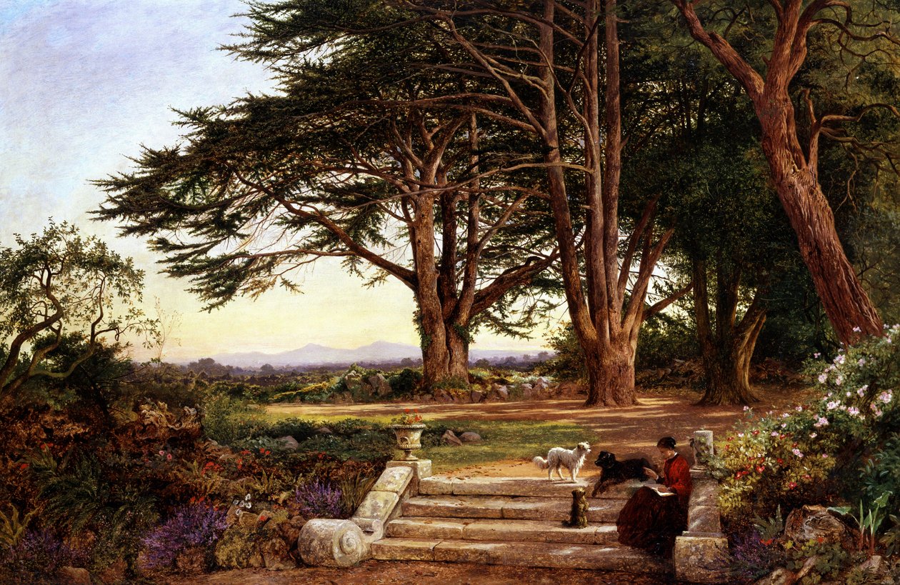 Lectura en los escalones de la terraza 1896. Una mujer lee sentada en los escalones de un jardín, tres perros pequeños la escuchan. Pintura de Benjamin Williams Leader (1831-1923 británico) Colección particular de Benjamin Williams Leader