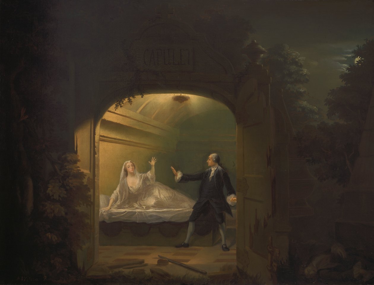 David Garrick y George Anne Bellamy en "Romeo y Julieta", Acto V, Escena iii de Benjamin Wilson