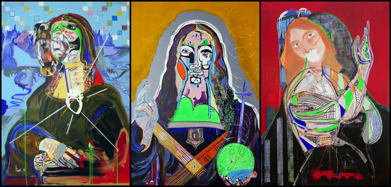 Tríptico según Leonardo da Vinci, 2019 (óleo, papel y acrílico sobre 3 lienzos yuxtapuestos) de Benoit Erwann Boucherot