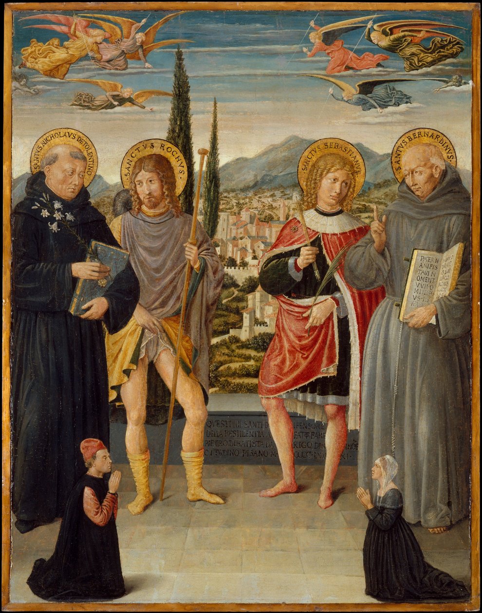 Santos Nicolás de Tolentino, Roque, Sebastián y Bernardino de Siena, con donante arrodillado de Benozzo di Lese di Sandro Gozzoli