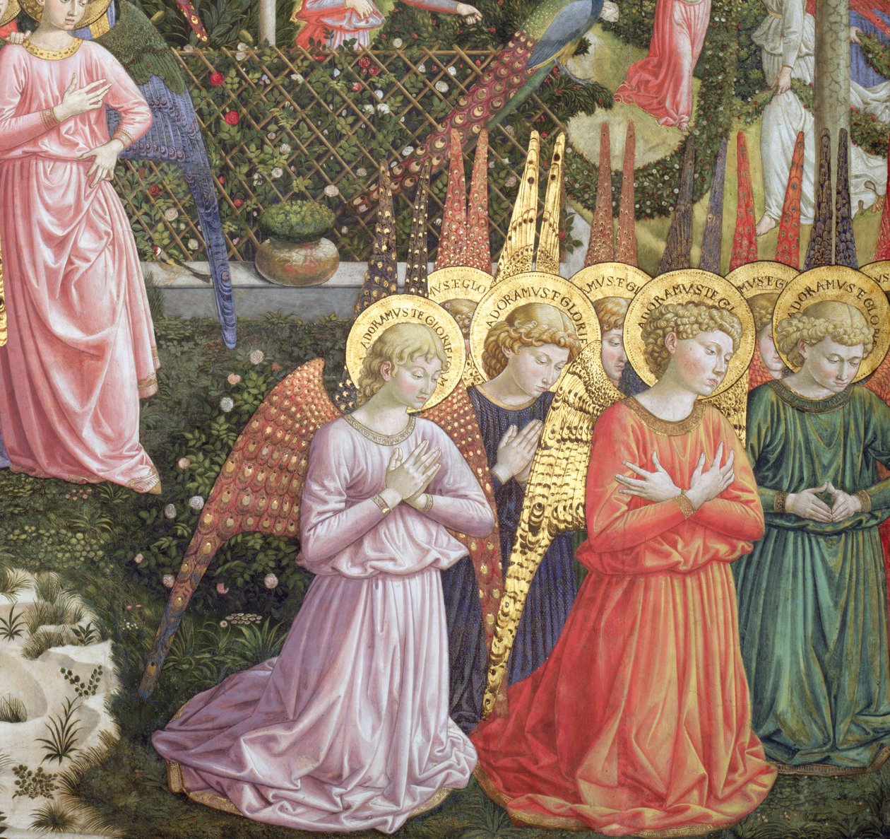 Ángeles en un paisaje celestial, la pared izquierda del ábside, del ciclo del Viaje de los Magos en la capilla c.1460 (detalle) de Benozzo di Lese di Sandro Gozzoli