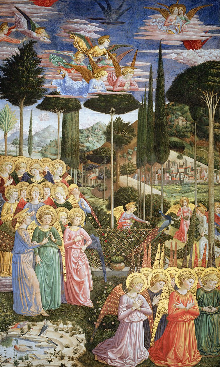 Ángeles en un paisaje celestial, la pared izquierda del ábside, del ciclo Viaje de los Magos en la capilla de Benozzo di Lese di Sandro Gozzoli