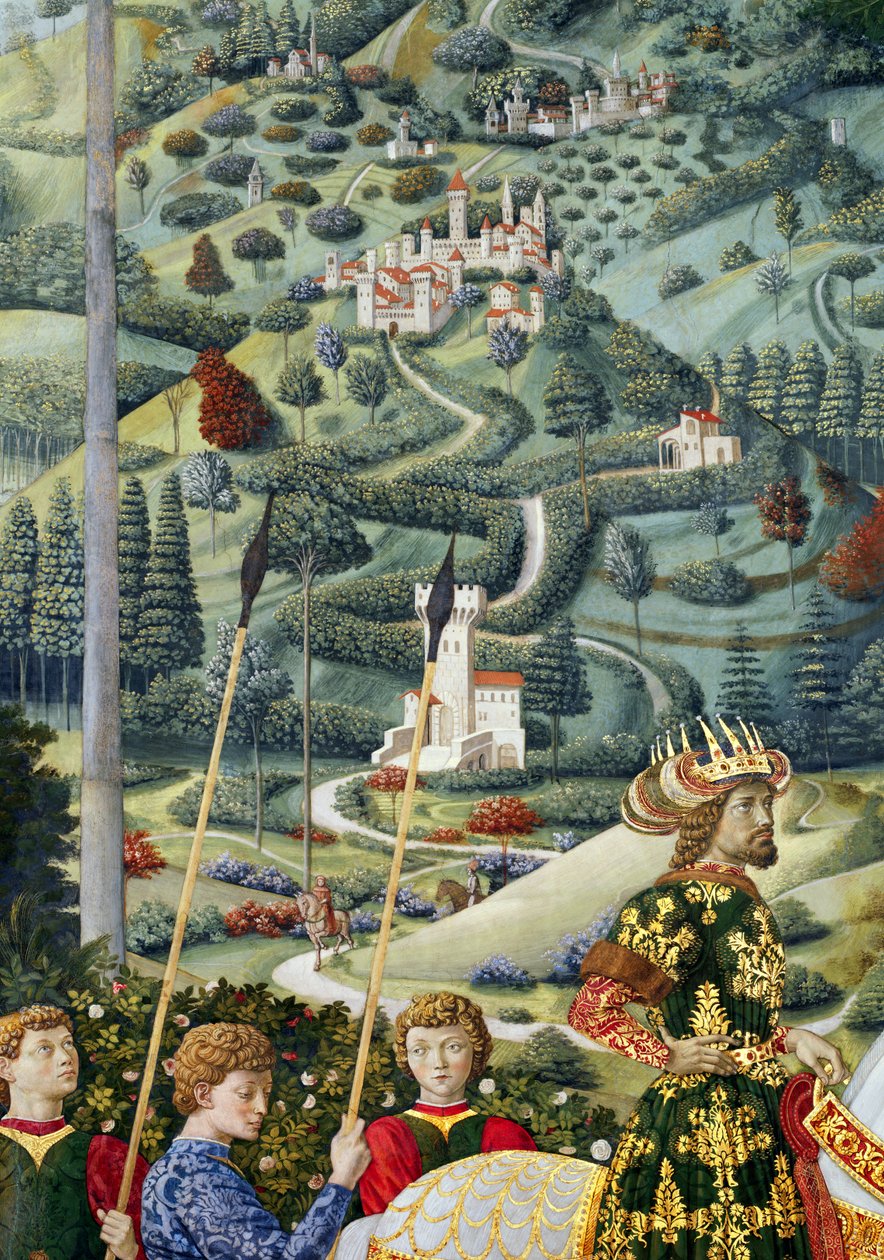 Paisaje fantástico, detalle del ciclo del Viaje de los Reyes Magos en la capilla, c.1460 de Benozzo di Lese di Sandro Gozzoli