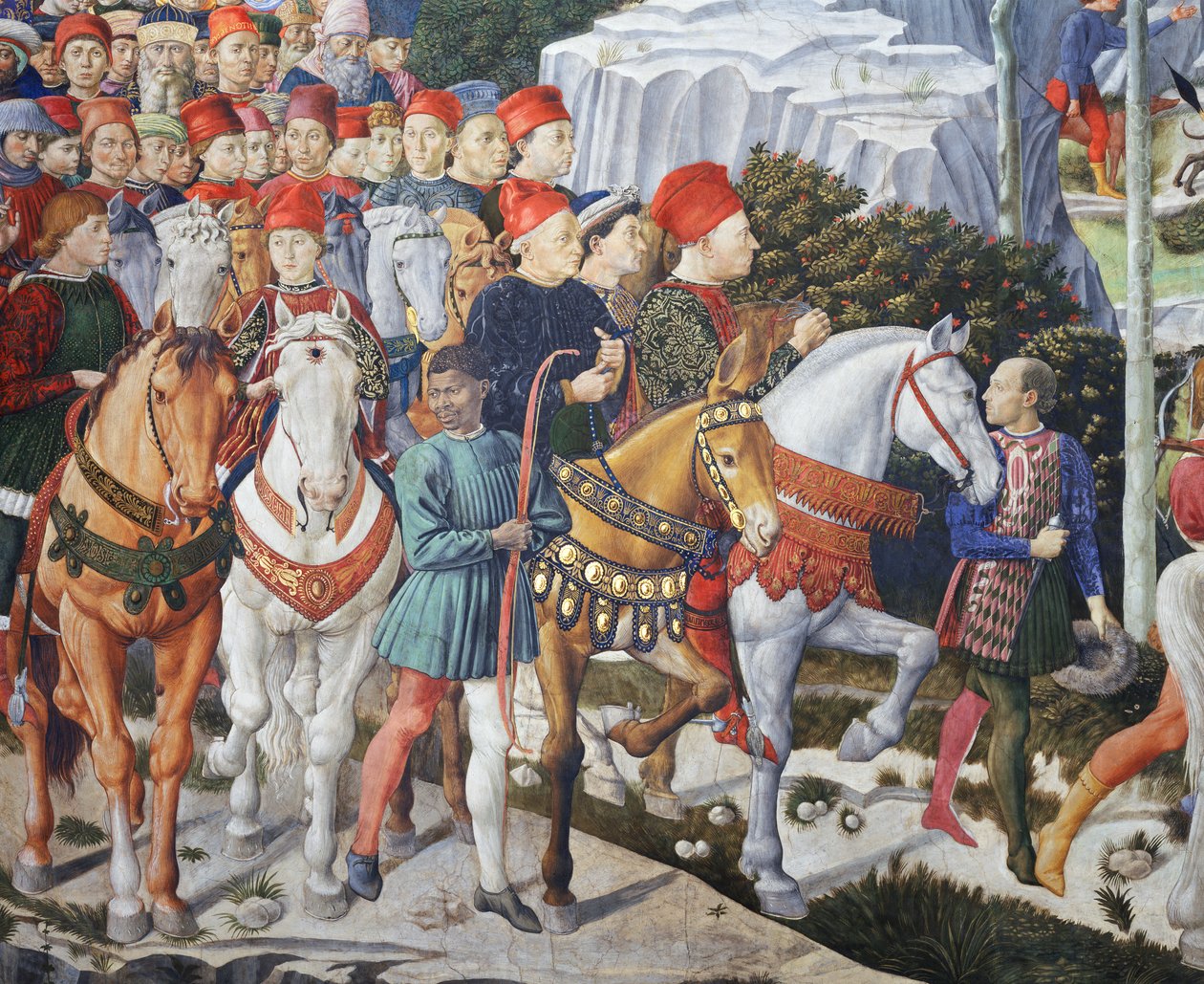 Piero de Médicis (sobre una mula), Cosme de Médicis (en el centro) y el duque Salviati (a caballo), detalle del ciclo del Viaje de los Reyes Magos en la capilla, hacia 1460 (fresco). de Benozzo di Lese di Sandro Gozzoli