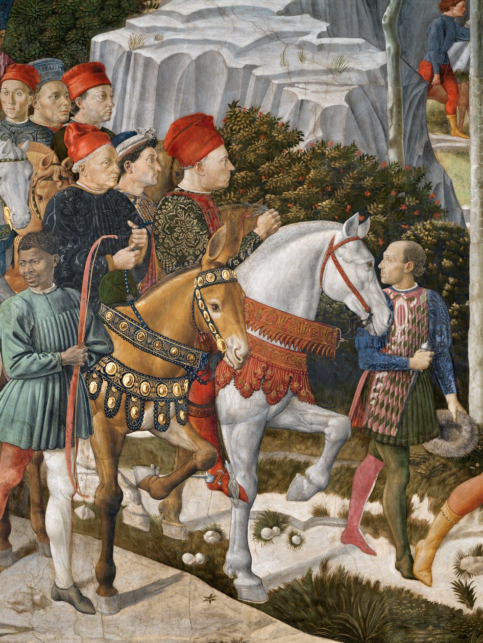 Retratos de Piero de Medici en una mula, Cosimo de Medici en el centro y el Duque Salviati a caballo, detalle del ciclo del Viaje de los Magos en la capilla, c.1460 (detalle) de Benozzo di Lese di Sandro Gozzoli