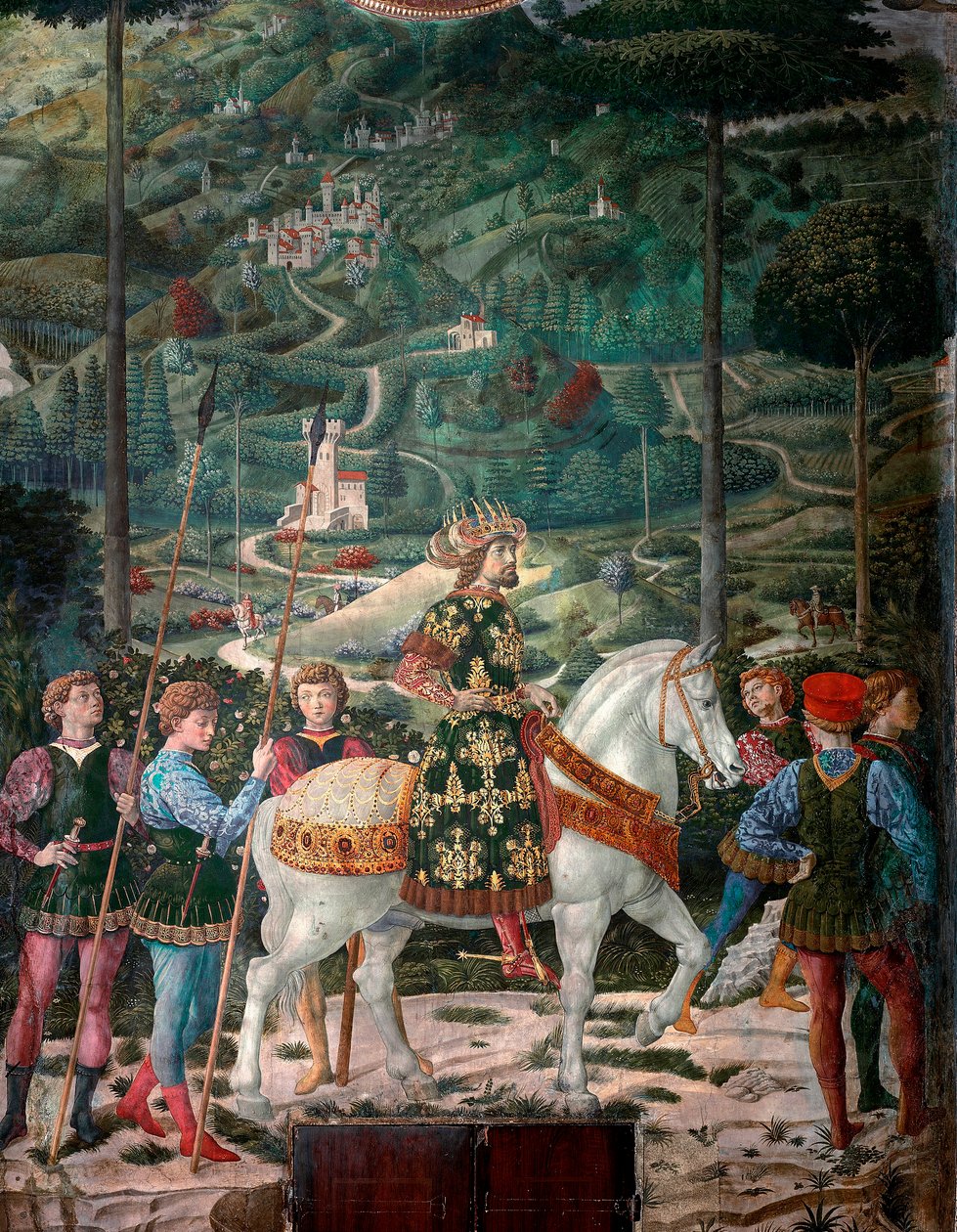 El emperador bizantino "El viaje de los Magos". Cortejo de los Magos de Jerusalén a Belén llamado en italiano "Viaggio dei Magi" o "Cavalcata dei Magi". Detalle que representa al emperador bizantino Juan VIII Paleólogo (1392-1448). Detalle. Fresco de los M de Benozzo di Lese di Sandro Gozzoli