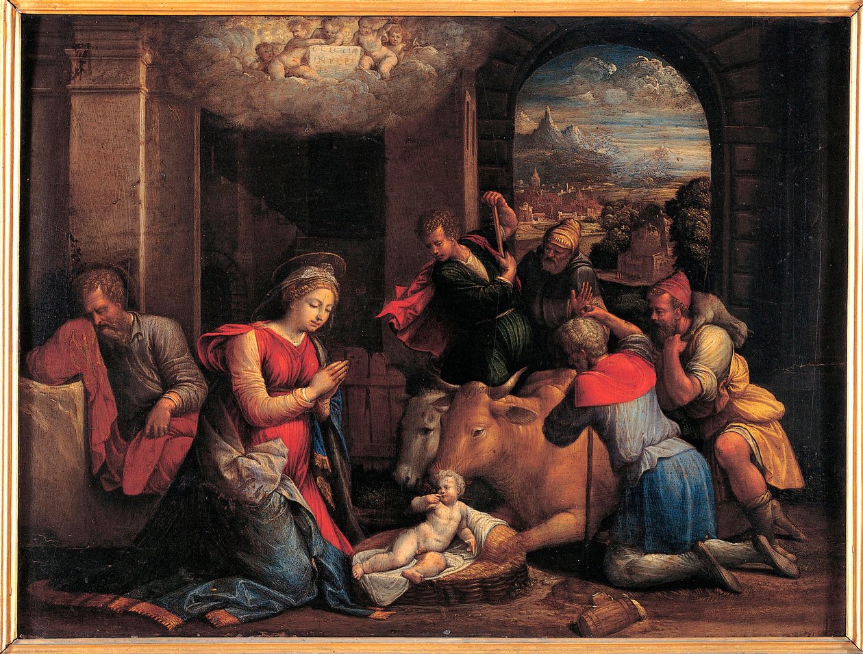 La adoración de los pastores - Pintura de Benvenuto Tisi da Garofalo (Il Garolafo) (1481-1559), óleo sobre tabla, 41,5x55 cm de Benvenuto Tisi da Garofalo