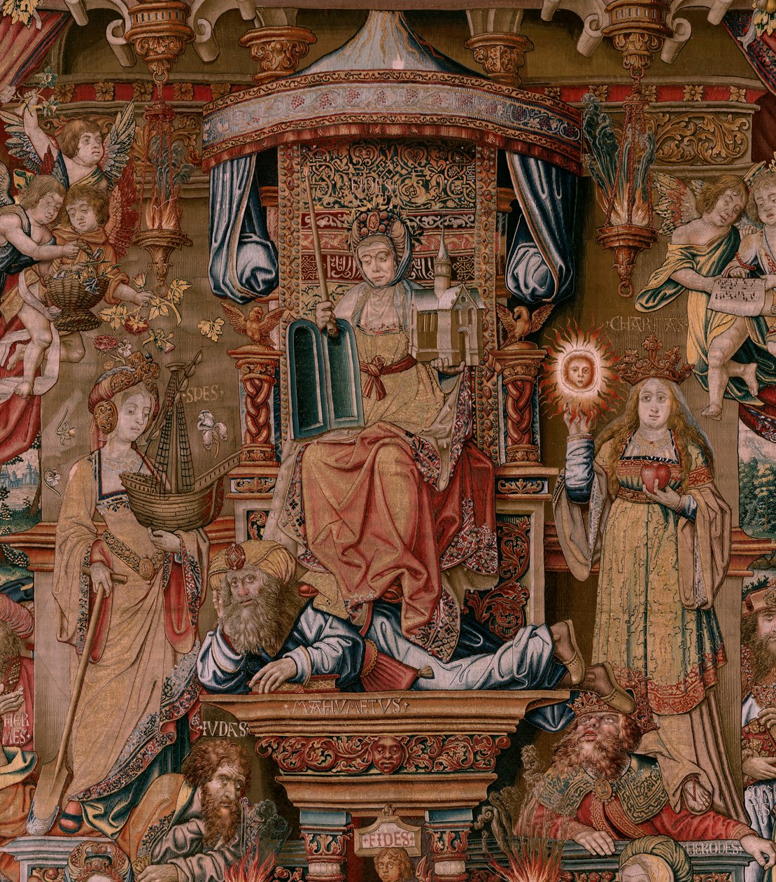 Tapiz flamenco. Serie Los Honores. Fe (La Fe). Primer tapiz de la serie. Dibujantes modelo del círculo de Bernard van Orley y Jan Gossaert (Mabuse). Fabricación Pieter van Aelst, Bruselas. Ca 1550. Tejido Oro, plata, seda y lana. de Bernaert van (circle of) Orley