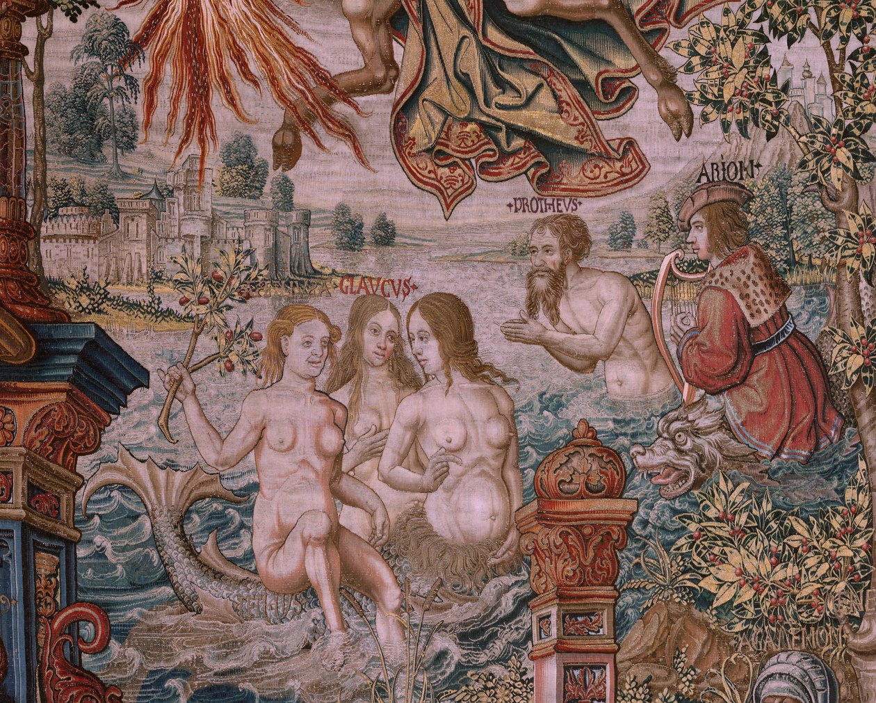 Tapiz flamenco. Serie Los Honores. Fama (La Fama). Tercer tapiz de la serie. Dibujantes modelo del círculo de Bernard van Orley y Jan Gossaert (Mabuse). Fabricación Pieter van Aelst, Bruselas. Ca 1550. Tejido Oro, plata, seda y lana. de Bernaert van (circle of) Orley