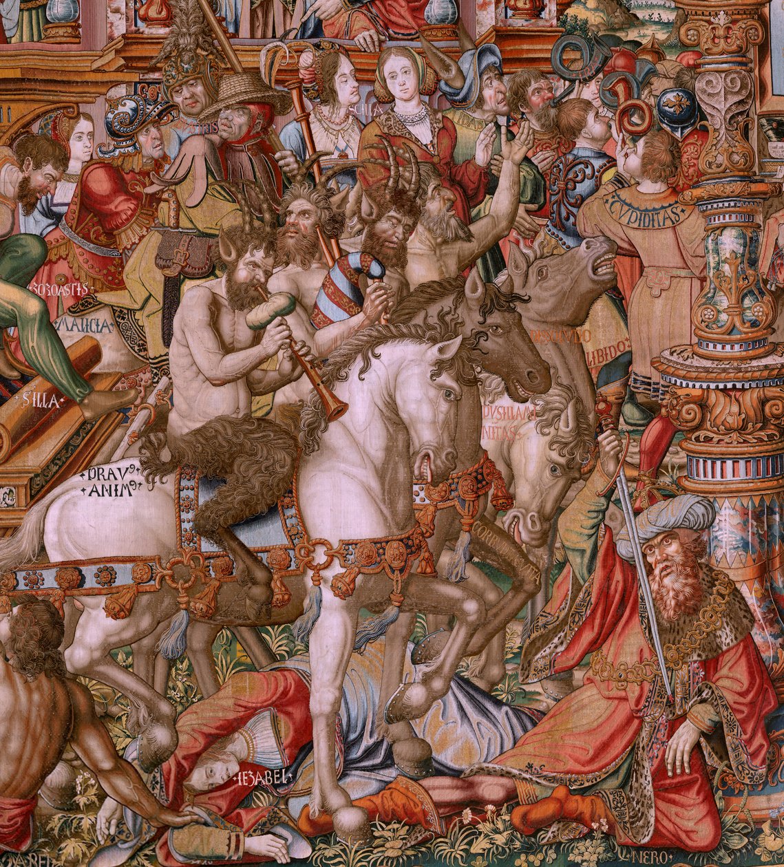 Tapiz flamenco. Serie Los Honores. Infamia (La Infamia). Sexto tapiz de la serie. Dibujantes modelo del círculo de Bernard van Orley y Jan Gossaert (Mabuse). Fabricación Pieter van Aelst, Bruselas. Ca 1550. Tejido Oro, plata, seda y lana. de Bernaert van (circle of) Orley