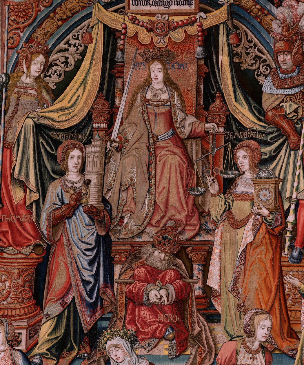 Tapiz flamenco. Serie Los Honores. Justicia (La Justicia, Los Honores). Noveno tapiz de la serie. Dibujantes modelo del círculo de Bernard van Orley y Jan Gossaert (Mabuse). Fabricación Pieter van Aelst, Bruselas. Ca 1550. Tela Oro, plata, de Bernaert van (circle of) Orley