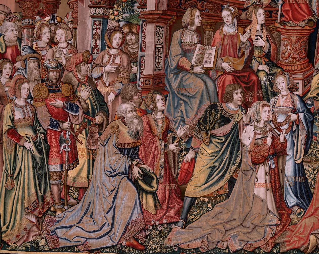 Tapiz flamenco. Serie Los Honores. Justicia (La Justicia, Los Honores). Noveno tapiz de la serie. Dibujantes modelo del círculo de Bernard van Orley y Jan Gossaert (Mabuse). Fabricación Pieter van Aelst, Bruselas. Ca 1550. Tela Oro, plata, de Bernaert van (circle of) Orley