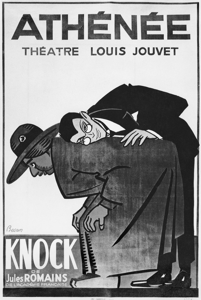 Cartel publicitario de una representación de Knock o el triunfo de la medicina de Jules Romains (1885-1972) en el Teatro Athenee de Bernard Becan